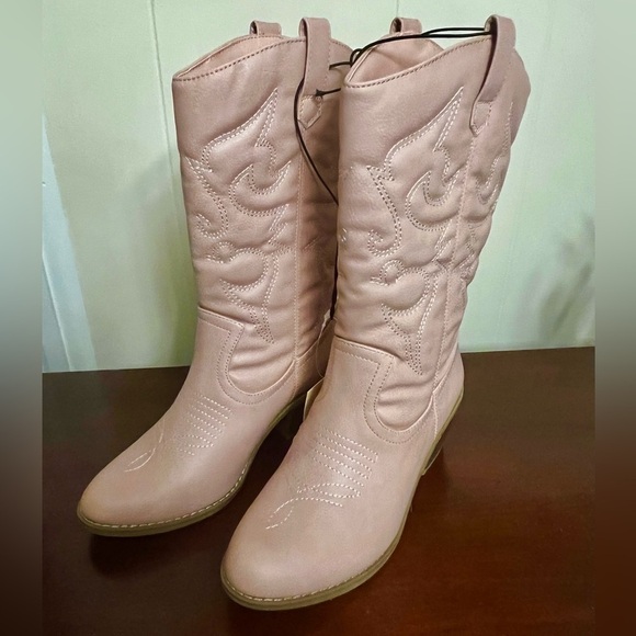 Cowgirl Boots pink faux leather Mid-Calf Stiching Western Low Stacked Heel - Picture 11 of 12